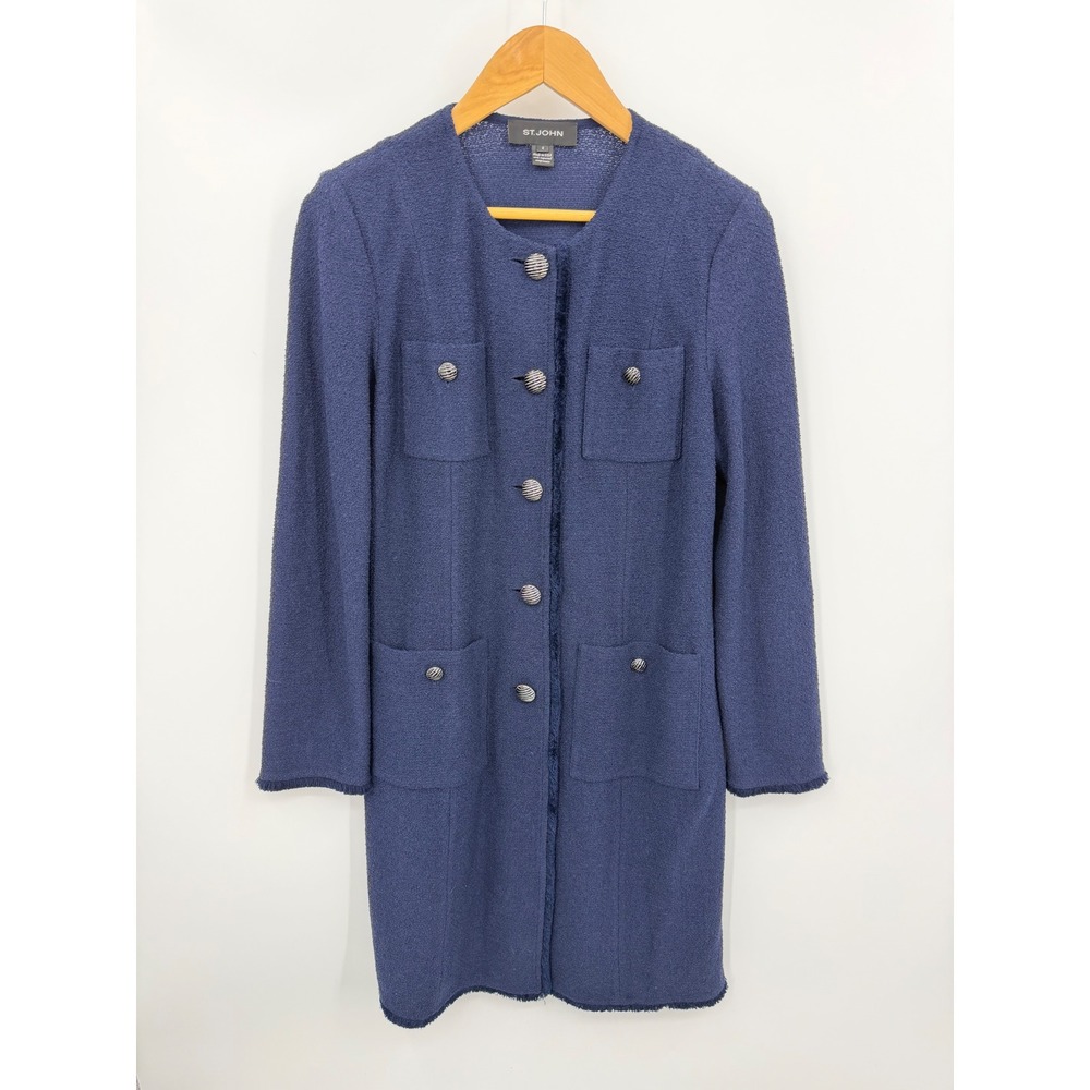 St. John Santana Knit Longline Jacket Women 6 Navy Blue Fringe Trim Wool Blend